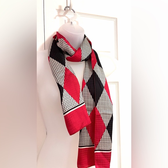 Echo 100% Silk Scarf Red White and Black Diamond Harlequin Pattern 11”x 59” - Picture 2 of 11